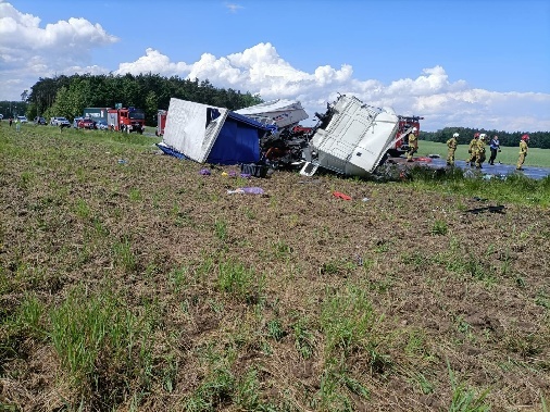 Tragiczny wypadek pod Mszczonowem. Czołowe zderzenie ciężarówek - foto: Komenda Powiatowa Państwowej Straży Pożarnej w Żyrardowie